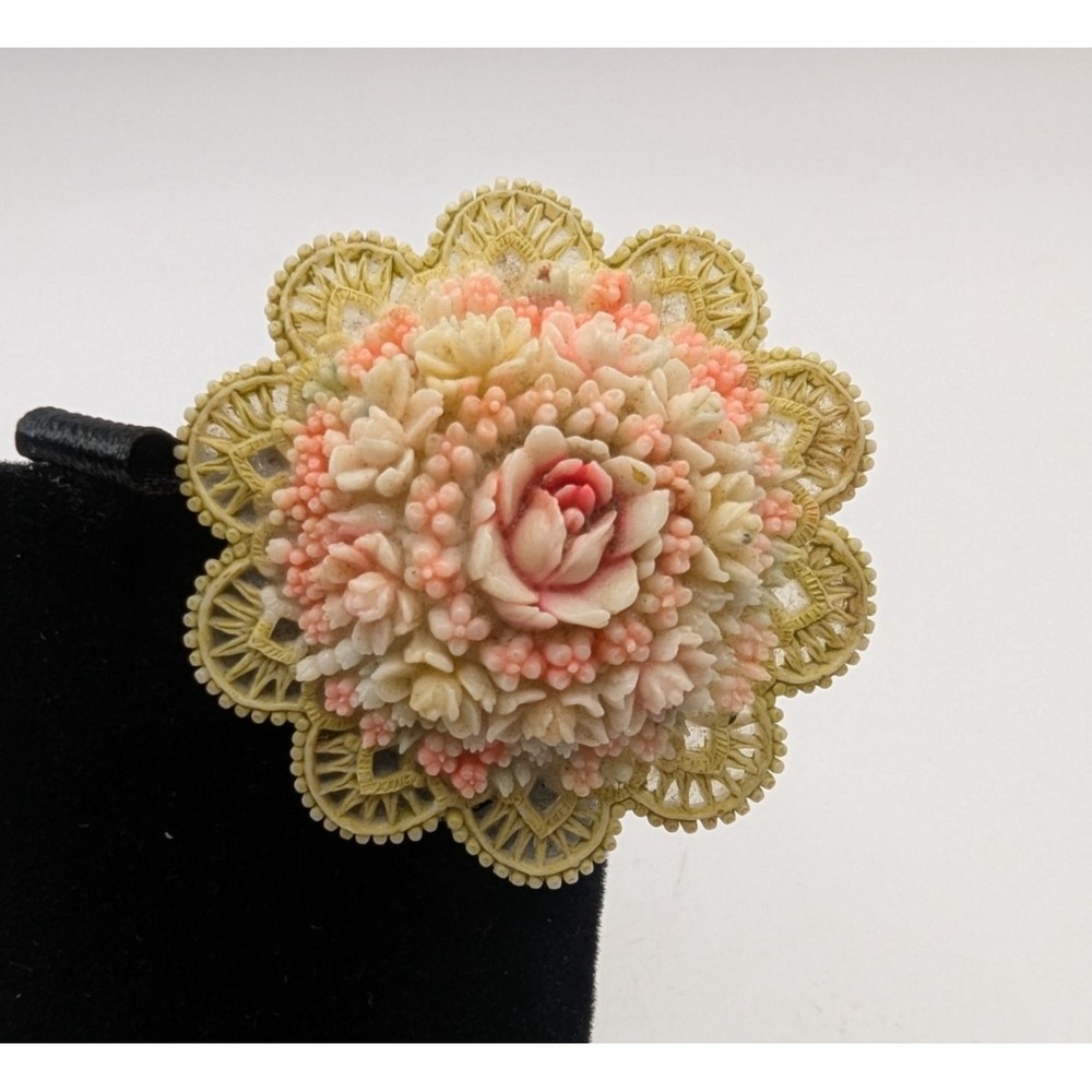 VINTAGE Floral Celluloid Brooch Pink Cream Layered Bouquet 2.25in Japan  READ